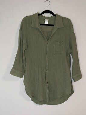 Kona Sol Cotton Gauze Button Up Shirt 3/4 Sleeves Olive Green Sz S